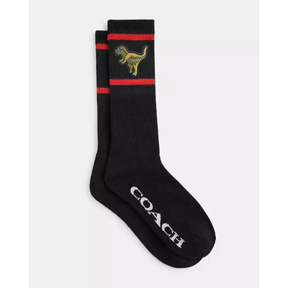 NEW Coach Rexy Calf Socks Mens S/M Black Red Stripe‎ Dinosaur Embroidered CAZ36